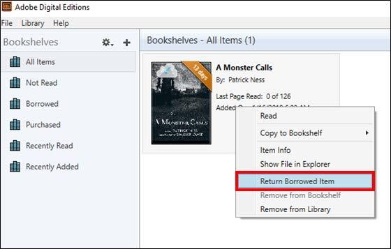 7. On the next page, you should see the book you had renewed. Follow the previous steps in Borrowing and Downloading to download the title to your ereader again. Returning 1.