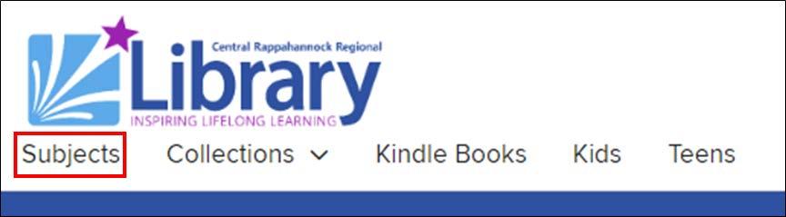 7. To browse by genre/category, click Subjects at the top of the screen: 8. On the Browse subjects menu, click EBOOKS at the top of the screen since ereaders do not support OverDrive eaudiobooks.