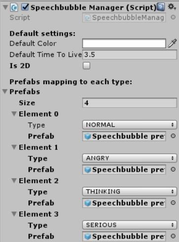 Figure 1 Speechbubble Manager settings (Version 1.0, in 1.0.1 a new parameter was added to adjust size of speechbubbles in scene called Size Multiplier) Creating new types of speech bubbles As of Unity 5.