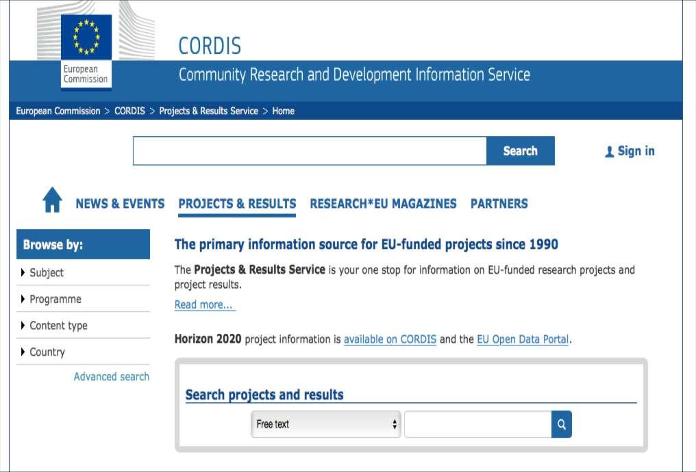 Partners Search Online database CORDIS (running and