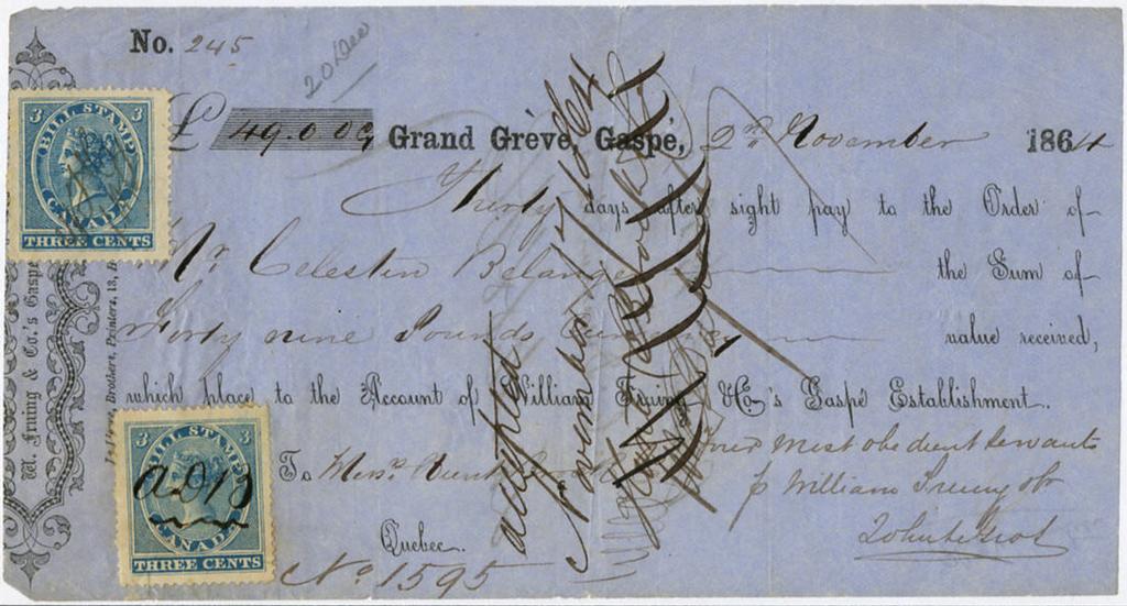 1864 Grand Greve, Gaspe. This is one of the oldest notes I have handled - first year of use of the 1st bill issue stamps. This note for 49 Pounds required a rate of 6c tax.