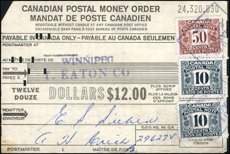 An exceptional item in exceptional condition for such an early item - $295 (±US$236) 1967 Postal money order with 2 x FPS12-10c black + FPS17-50c brown. Payable to T. Eaton Co.