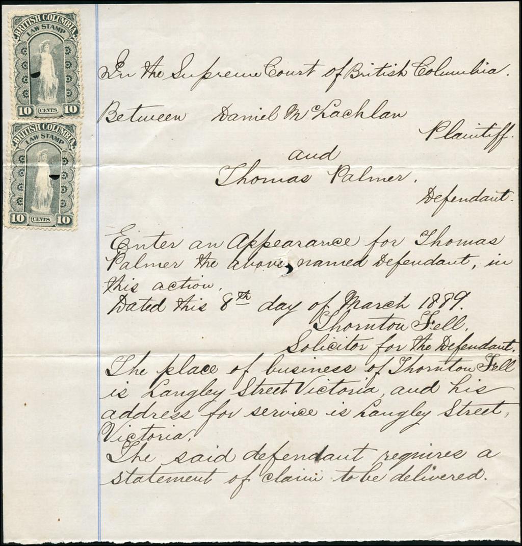BCL5-10c black x 2 on 1899 Supreme Court of British Columbia Appearance Exceptional condition - $35