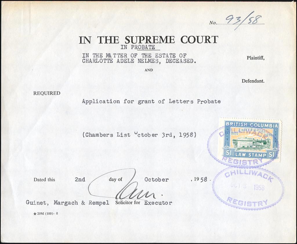 BCL49 - $1 on 1958 British Columbia Supreme Court in probate document. $35 (±US$28) CANADA POSTAL STRIKE We are currently experiencing rotating postal strikes.