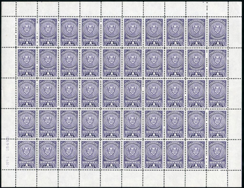 QST9*NH - 1c complete pane of 50 complete with Plate No 1 imprint. White gum. Cat $275 - $95 (±US$76) QST9*NH - 1c complete pane of 50 complete with Plate No 1 imprint. Yellowish gum (not shown).
