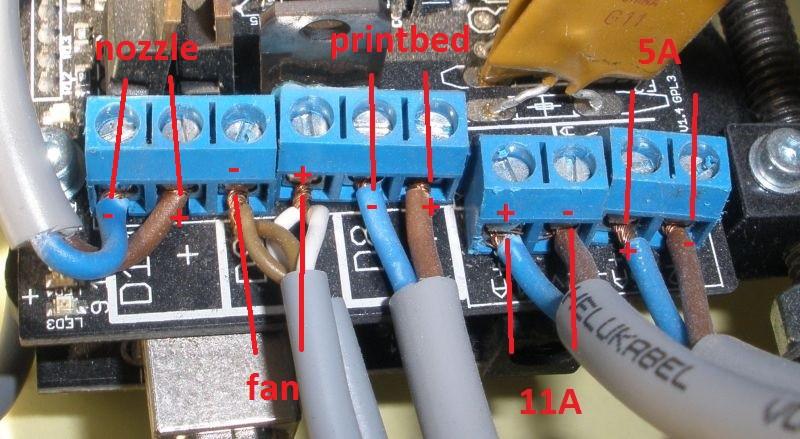 The heating cables are connected to the upper screw terminal of the electronic.