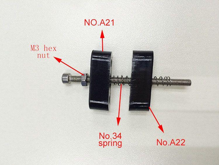 Endstop holder No.A22 1 1. Thread a M3 hex nut to the M3 x 50 screw. 2. Thread the A22 to the M3 x 50 screw. 3. Thread the spring to the the M3 x 50 screw through the hole of A22. 4.