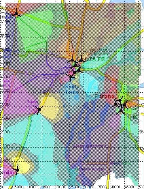 high signal level, yellow indicates low level Legend: color indicates cell with highest