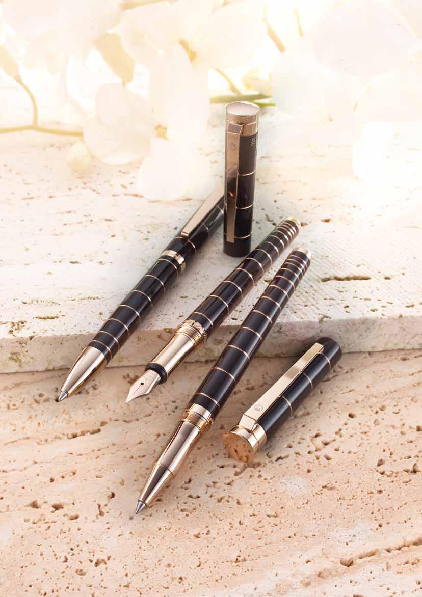 WaldmannPantera P a n t e r A Twist action ball pen in sterling silver 925 389 267 and chocolate -coloured with ring-pattern. Rings and component parts 18ct. rose gold plated.