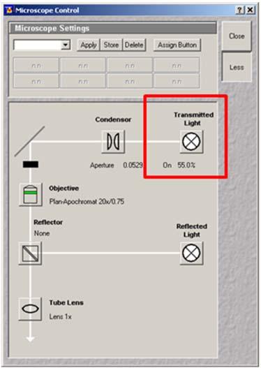 Figure 4: How to turn on the transmitted light in AIM (left) and ZEN (right) software.