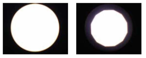 Figure 9: These images compare what the image will look at before opening the aperture diaphragm (left) and after closing the aperture diaphragm to 80% (right). 10. Replace the eyepiece. 11.