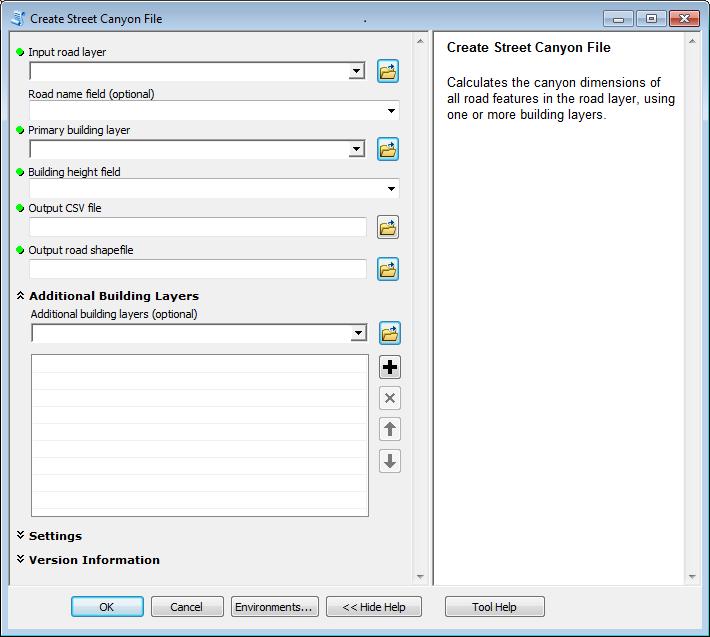 SECTION 2 - Using the Street Canyon Tool In the Create Street Canyon File main screen, click on Show Help >> to display information relating to each input. Figure 3 