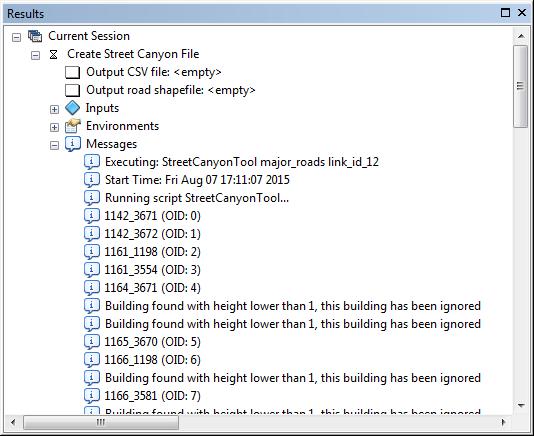 SECTION 2 - Using the Street Canyon Tool Figure 7 The Results window in ArcGIS Geoprocessing 2.5 Viewing the results 2.5.1 Output CSV file The results will be available in the *.