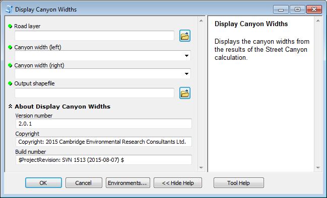 The main screen, shown in Figure 10, appears on clicking on the Display Canyon Widths tool in Street Canyon Tools.