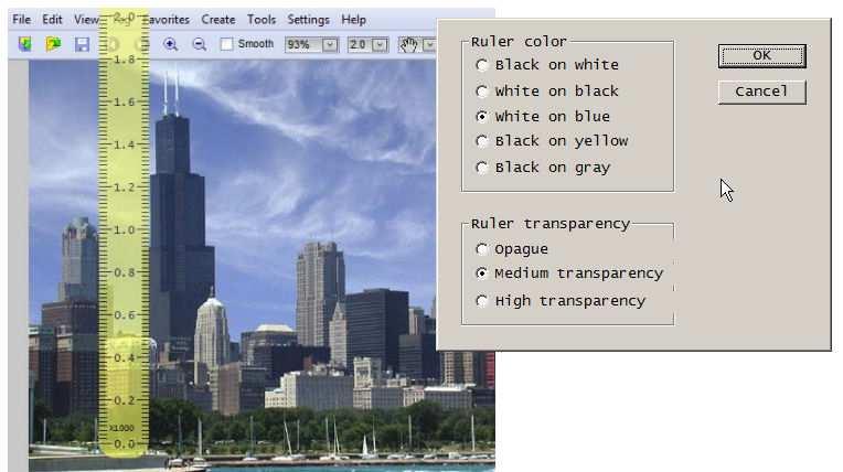 Figure 4: Program settings dialog and an example of a vertical ruler with high transparency and a multiplication factor. Instructions. Display online instructions. Close this window.