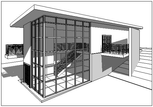 10 Open the To Building 3D view. Modifying the Roof In this exercise, you modify the profile of the roof in order to extend the roof over the entry deck. 1 Open the 03 Roof floor plan.