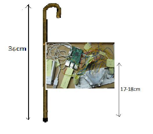Thus, the device must be placed at a distance of 17-18cm from the ground. Fig6. Position of Sonar-pi device in a walking stick Fig. 6 shows the position of the sonar-pi system in a walking stick.