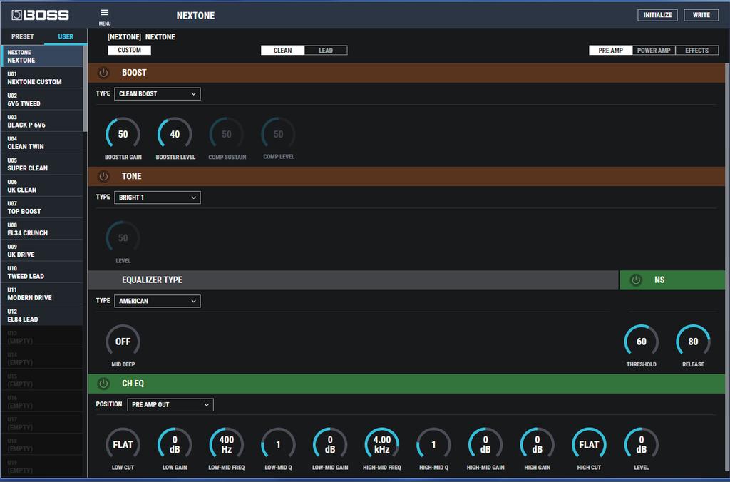 Using Nextone Editor Editor Basic Screen 2 6 1 4 3 5 7 8 1. Patch select area Preamp, power amp, and effect settings for the channel and the LEAD channel are collectively called a patch.