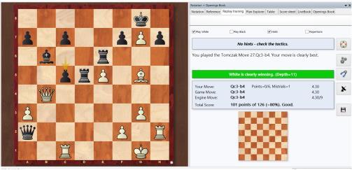 In the position on the left you want to play the obvious move 13.Qd2 and to do so you click your queen with the mouse. The program shows and evaluates all possible moves of the queen.