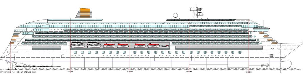 1b Above: Large Post-Panama sized cruise ship: 125000 GT, L = 327 m, B = 37.4 m, T = 8.8 m, and Below: Handy-size i.e. medium sized cruise vessel: 63000 GT, L = 238 m, B = 32.