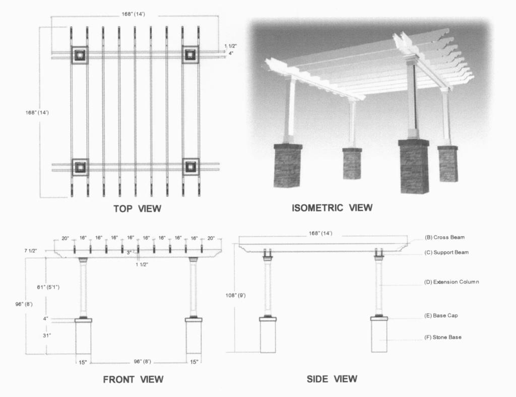 Pergola Dimensions The overall height of the basic kit from ground level to the top of the pergola cross beams is approximately 9. Optional purlins add 1 ½ in height.
