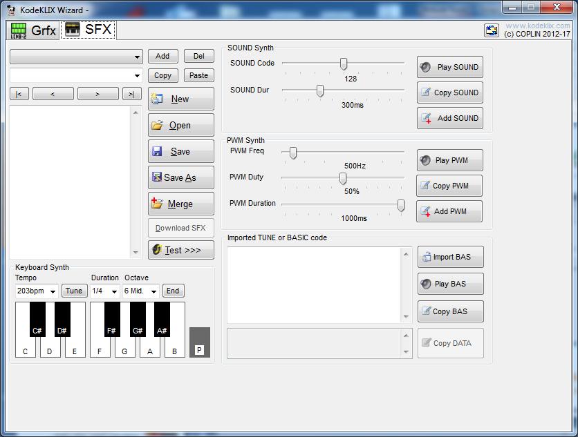 KodeKLIX SFX; CloseUP Guide Close SFX ID Descriptive Name BASIC is shown here Test the SFX Code Keyboard Synthesizer Tune Editor