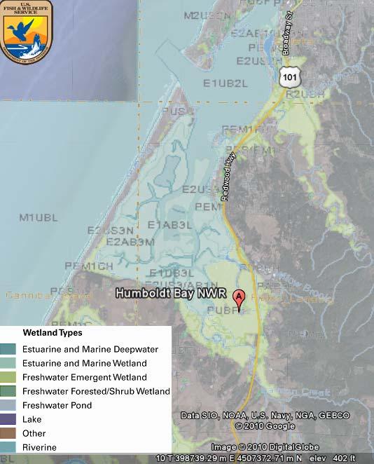 Figure 1: Google Earth (2010) map of Humboldt Bay National Wildlife Refuge with