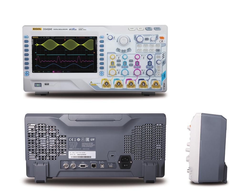 DS4000E Series Digital Oscilloscope Intuitive icons and softkeys for easy test 9-inch WVGA 256-level intensity grading display Waveform record&playback CLEAR/AUTO/RUN/STOP/SINGLE Default key Quick