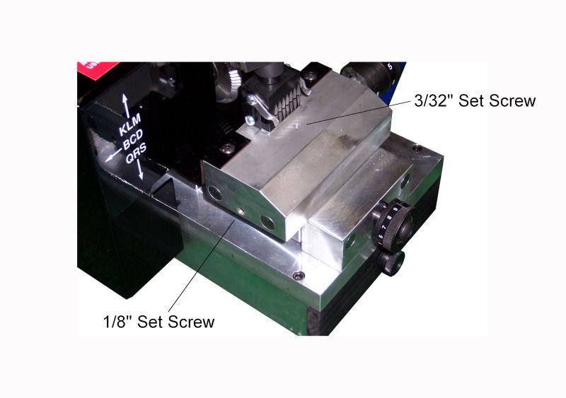 to the right. To cut shallower, turn the stop to the left. The stop has threaded holes in several positions. Make another cut on the key and measure until the machine is cutting to the proper depth.