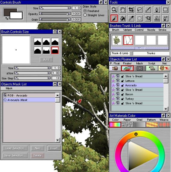 30) You can retouch with the Trunk brush and remove portions of the limb where foliage should overlap. Erasing in Painter 5 or 5.5 means selecting the layer mask and using white as a color.