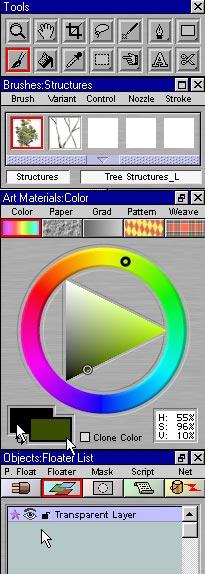 5) Using the Art Materials palette, select the Black as the Background color. 6) Choose a dark warm green for the Foreground color.