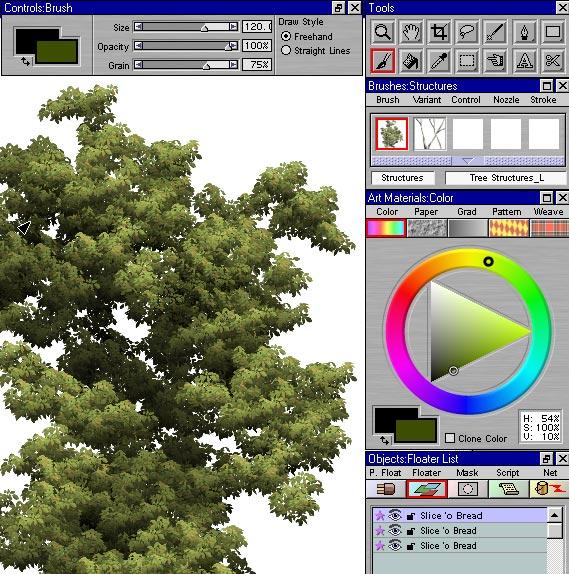 16) Use Ctrl+V to bring out the third slice of bread (layer). 17) Set the Grain slider on the Controls palette to 75%. 18) Dab some foliage onto the third foreground layer. Remember to be sparing.