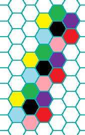 This will cover the whole plane. By symmetry, each hexagon will be the same distance away from any nearest hexagon of the same color.