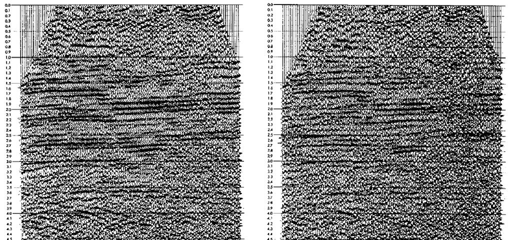 Figure 39 Stack section produced with hydrophones (left) and