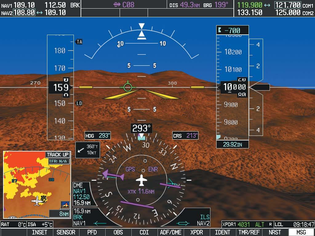 ADDITIONAL FEATURES Figure 8-1 Synthetic Vision Imagery SVS OPERATION SVS is activated from the PFD using the softkeys located along the bottom edge of the display.