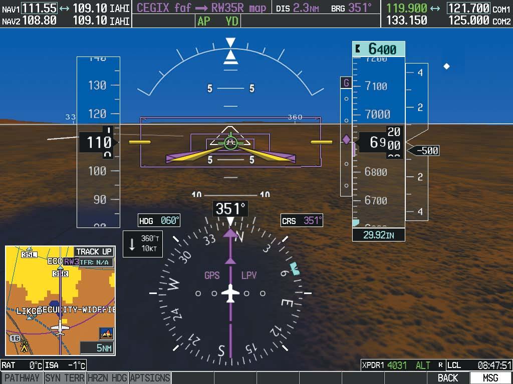 ADDITIONAL FEATURES SVS FEATURES Airport Runway Flight Path Marker Command Bars Airplane Symbol Selected Altitude Traffic Zero Pitch Line (ZPL) with Compass Heading Marks Pathways Synthetic Terrain