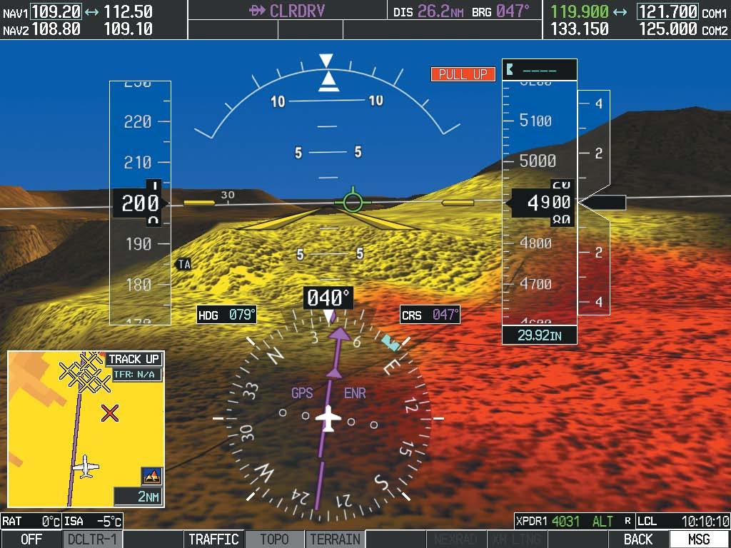 ADDITIONAL FEATURES TAWS ALERTING Terrain alerting on the synthetic terrain display is triggered by Forward-looking Terrain Avoidance (FLTA).