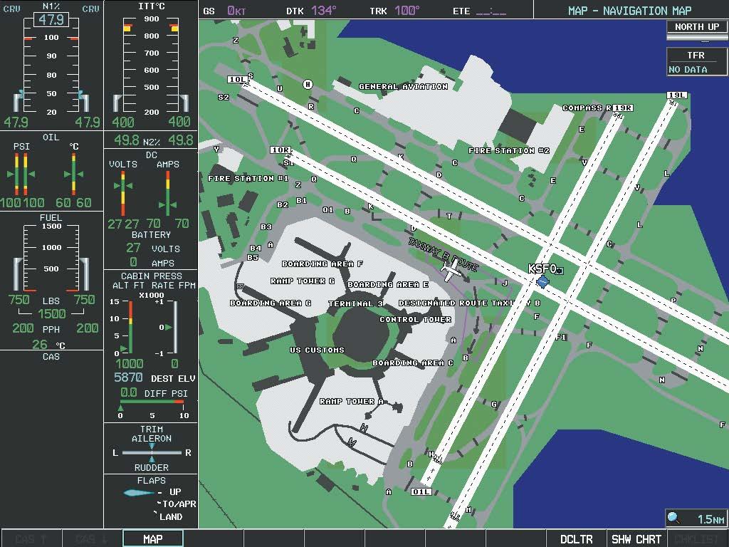 ADDITIONAL FEATURES Taxiway Identification Aircraft Position Airport Hot Spot Outline Airport Features Figure 8-14 SafeTaxi Depiction on the Navigation Map Page DCLTR Softkey Removes Taxiway Markings