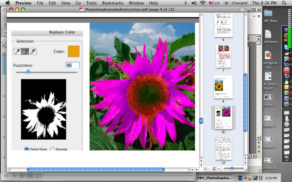 eyedropper Click on sunflower petals Click on + or - eyedropper to add to or take away from selection e) Drag hue slider to change