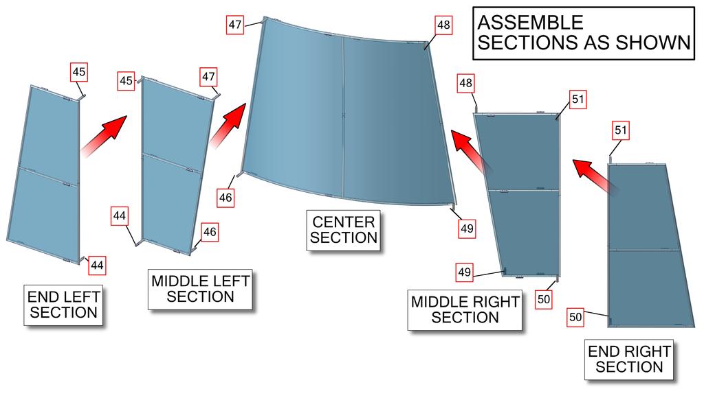 Connect the end sections to the middle sections and then the middle sections to the center section. Fabric graphic should already be on each individual panel.