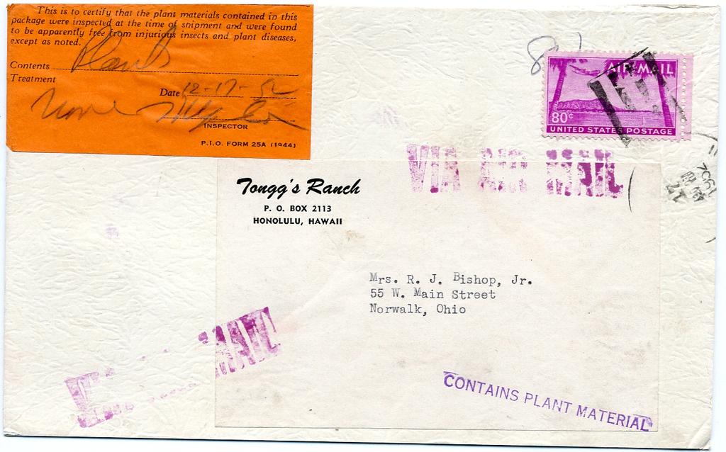 The stamp was created for the specific purpose of paying with a single stamp the air parcel post rate for shipping one-pound of plants or fresh flowers from Hawaii to the mainland [Zone over 1,00