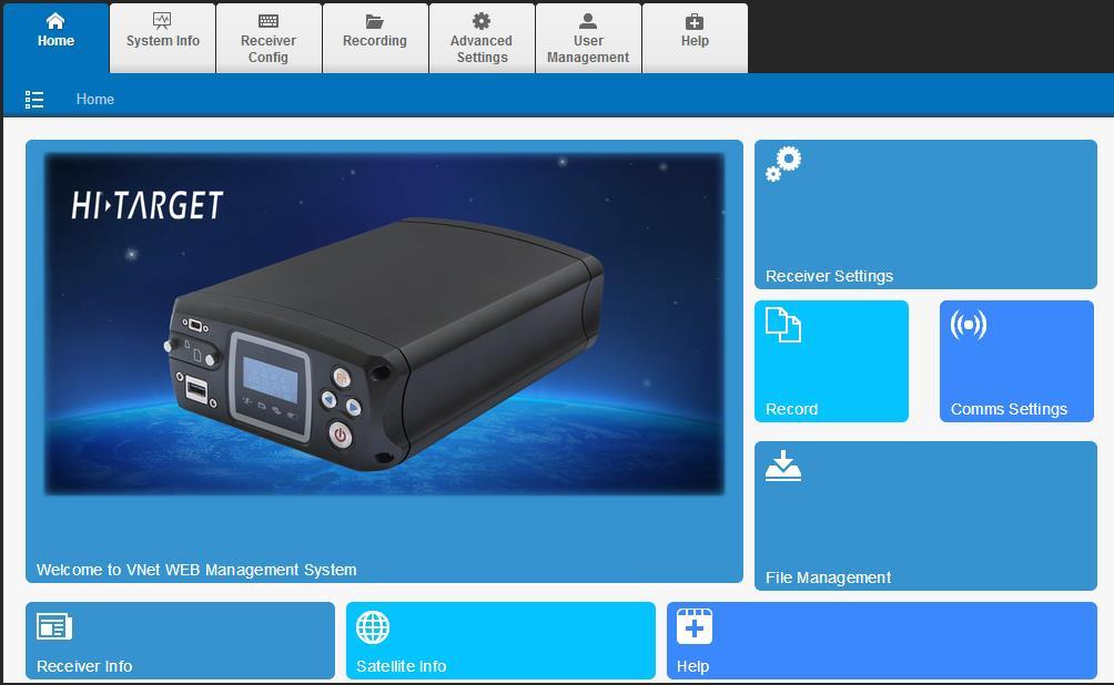 This interface is comprised of welcome page, reference station configuration, data recording, online transmission, files downloading, instrument info, satellite view, hyperlink option.