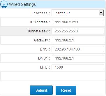 Figure 3-33 Wired settings Wi-Fi Hotspot Setting: several parameters could be configured in this tab including