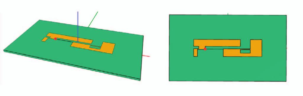 Figure 4: New antenna type with a single-layer antenna on a dielectric (green rectangle) that simulates its installation environment.