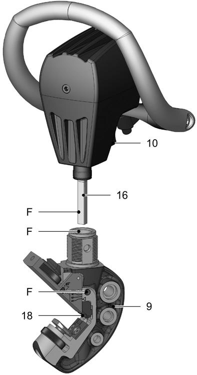 9 Carrier 10 Locking mechanism 16 Cutting tool 18 Wearing plate F "G1" lubricating grease Fig. 39418 1. Undo the locking mechanism (10). 2. Turn the carrier (9) 45. 3. Pull out the carrier (9) downwards.