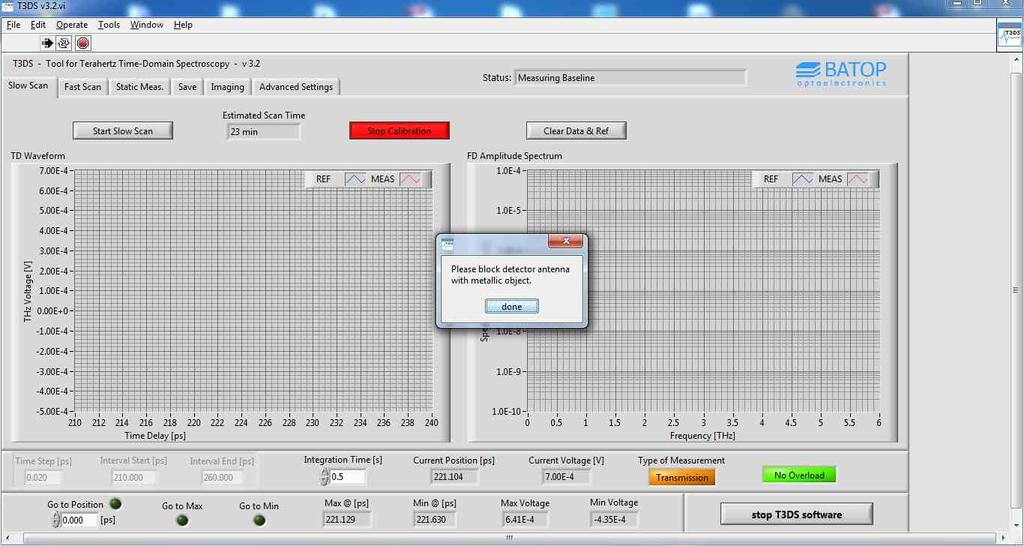 Once the get reference button is pressed, the program will ask you if a baseline measurement is required. Depending on your choice the software will start the measurement with the current settings.