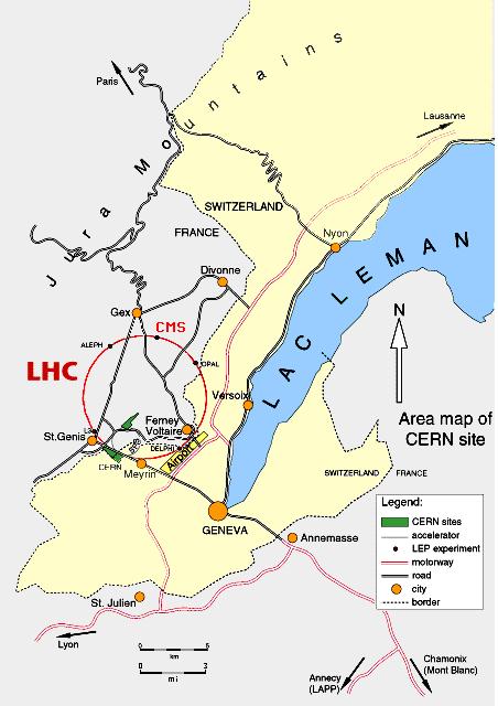 Large Hadron Collider (LHC) Collide protons+protons About 27 km circumference. CMS experiment is in France. ATLAS (another experiment) is in Switzerland Each proton beam has energy of 7 TeV.
