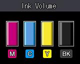 Checking the ink volume Although an ink volume icon appears on the Touchscreen, you can use the ink menu to see a large graph showing the ink left in each cartridge. a Press.