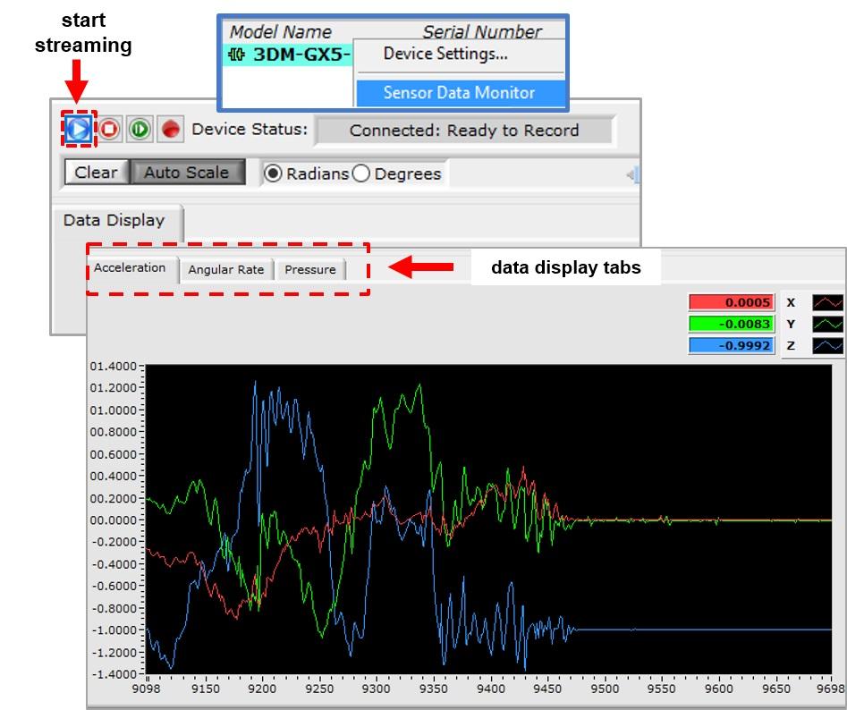 1. Right- click on the device in the MIP Monitor software main window, and select Sensor Data Monitor. 2. Click the blue Start Streaming icon to start sampling. Figure 12 -Data Streaming 3.