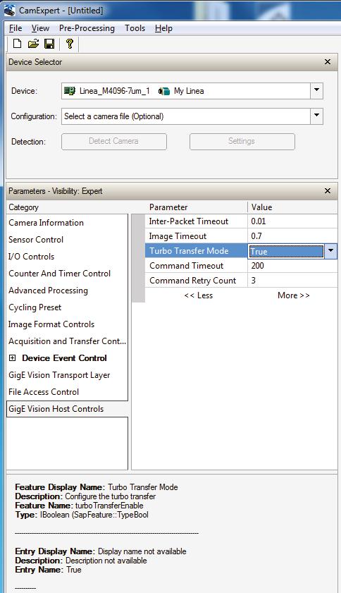 To activate, one simply needs to set the Turbo Transfer Mode to TRUE in CamExpert (see Figure 11), or to directly access turbotransferenable GenICam feature.